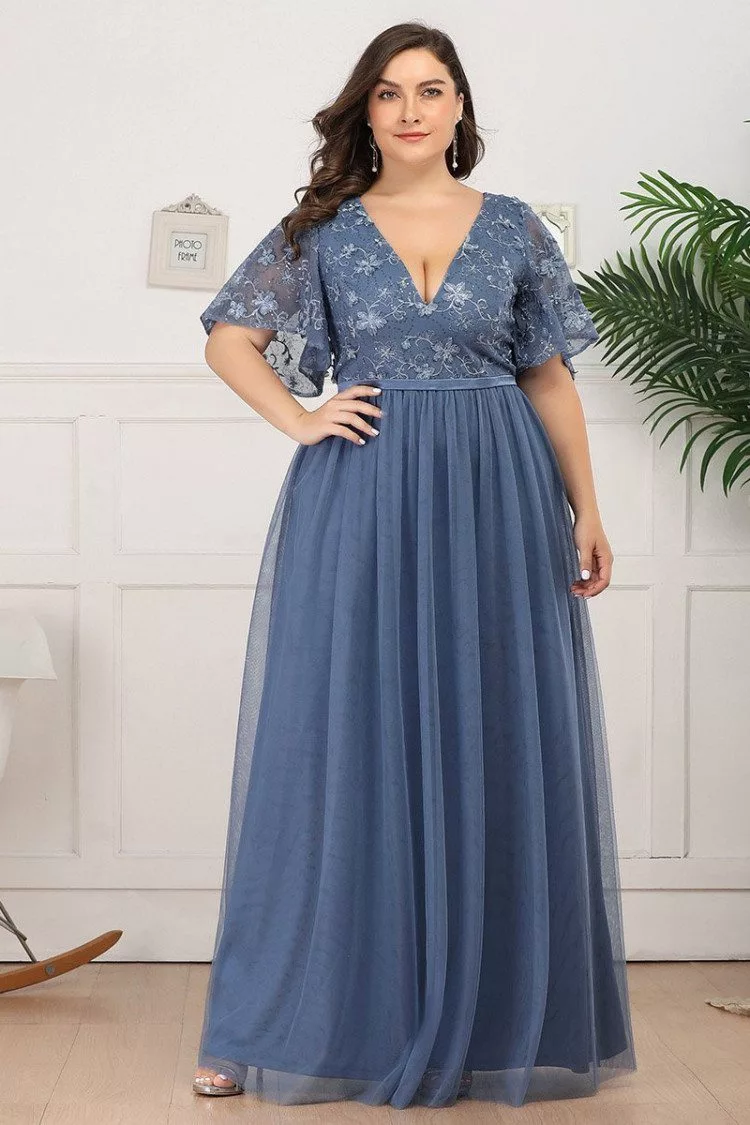 Plus Size Dusty Navy Vneck Bridesmaid Dress With Ruffle Sleeves - $59. ...