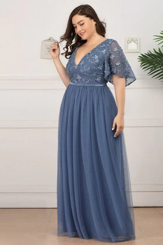 Plus Size Dusty Navy Vneck Bridesmaid Dress With Ruffle Sleeves - $59. ...