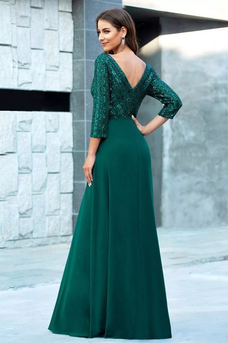Elegant Green Evening Dress Vneck With 3/4 Sleeves - $65.48 #EP00751DG ...