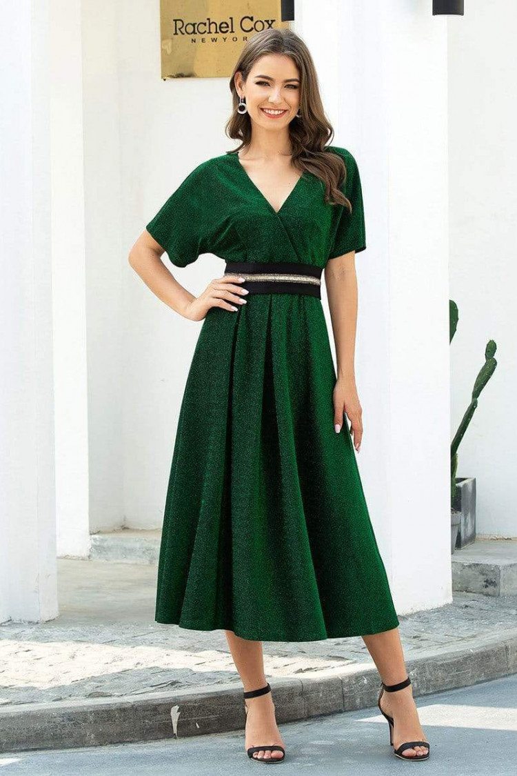 Green Vneck Elegant Tea Length Party Dress With Ruffle Sleeves - $56.48 ...