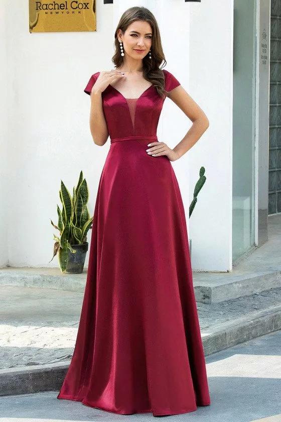 Simple Vneck Satin Long Prom Dress With Cap Sleeves - $58.48 #EP00651BD ...