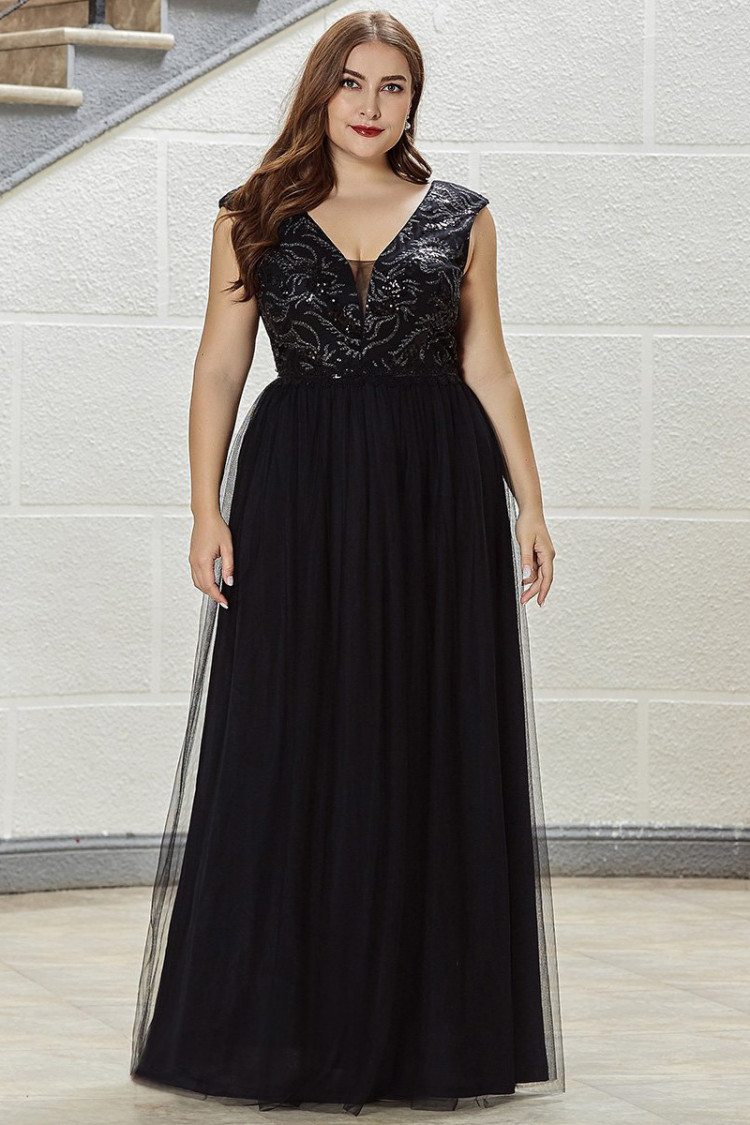 Plus Size Aline Deep Vneck Tulle Evening Dress With Sequins - $59.48 # ...