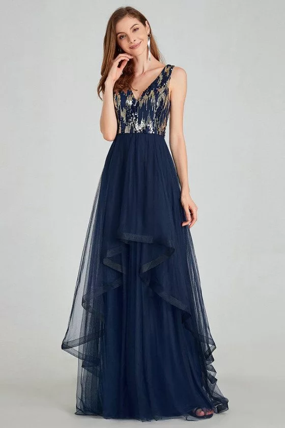 Navy Blue Tiered Tulle Vneck Prom Dress With Bling Sequins - $64.48 # ...