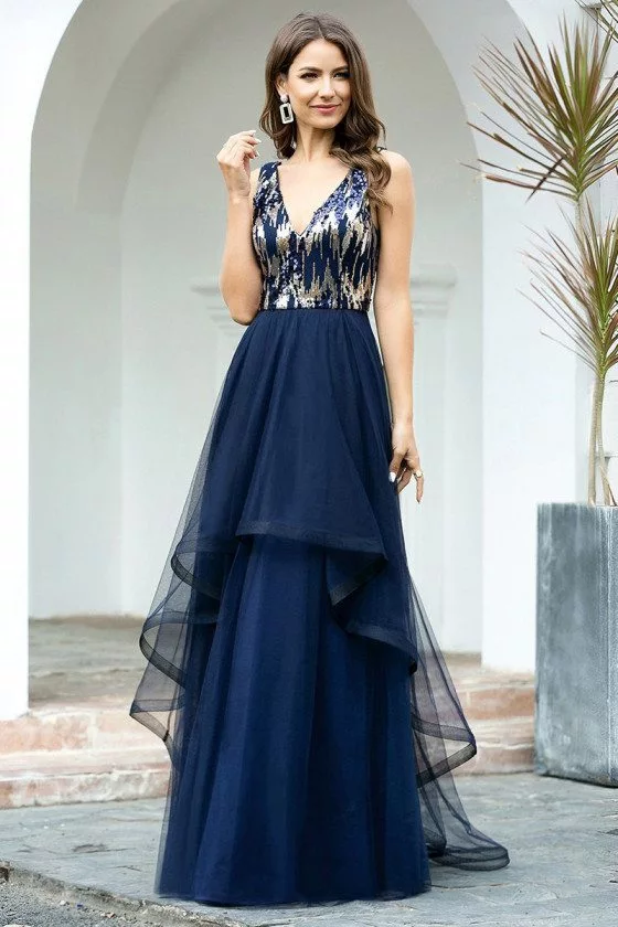 Navy Blue Tiered Tulle Vneck Prom Dress With Bling Sequins - $64.48 # ...