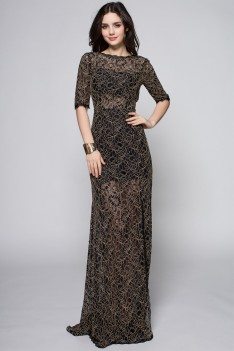 Black See-through Half Sleeve Long Prom Dress - CK370