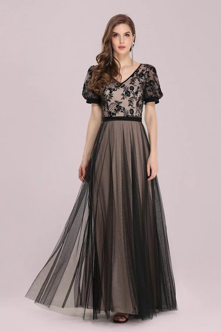 Modest Black Tulle Vneck Evening Dress with Bubble Sleeves - $61.99 # ...