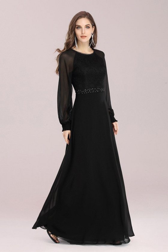 Simple A-Line Black Chiffon Evening Dress with Long Sleeves - $59.99 # ...