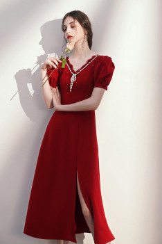 Burgundy Bubble Sleeved Tea Length Party Dress Beaded Vneck with Side Split - HTX96047