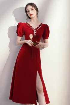 Burgundy Bubble Sleeved Tea Length Party Dress Beaded Vneck with Side Split - HTX96047