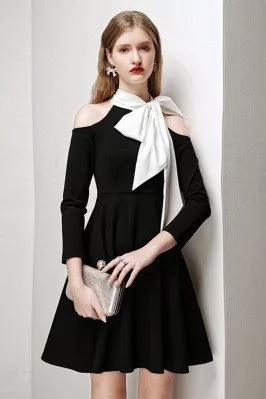 Retro Chic Black Party Dress with White Bow Knot Cold Shoulder Sleeves - HTX96015
