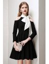Retro Chic Black Party Dress with White Bow Knot Cold Shoulder Sleeves - HTX96015
