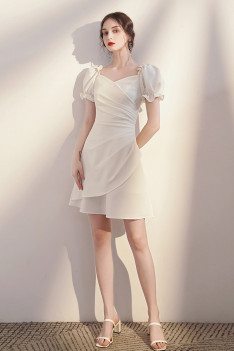 Lovely Short White Homecoming Party Dress Pleated with Bubble Sleeves - HTX96042