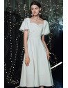 Square Neckline Little White Knee Length Party Dress with Bubble Sleeves - HTX96028