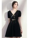 Romantic Vneck Bow Knot Little Black Hoco Dress with Sleeves - HTX96046