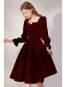 Retro Pleated Velvet Burgundy Party Dress with Long Sleeves - HTX96024