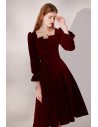 Retro Pleated Velvet Burgundy Party Dress with Long Sleeves - HTX96024