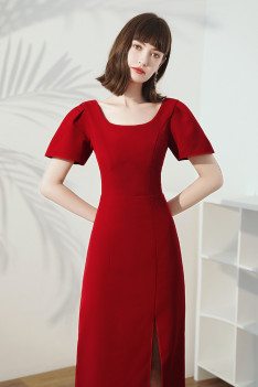 Burgundy Short Sleeved Sheath Party Dress with Side Split - HTX96036