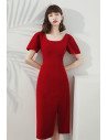 Burgundy Short Sleeved Sheath Party Dress with Side Split - HTX96036