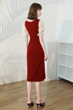 Pretty Square Neckline Burgundy Sheath Party Dress with Sleeves - HTX96032