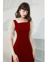 Pretty Square Neckline Burgundy Sheath Party Dress with Sleeves - HTX96032