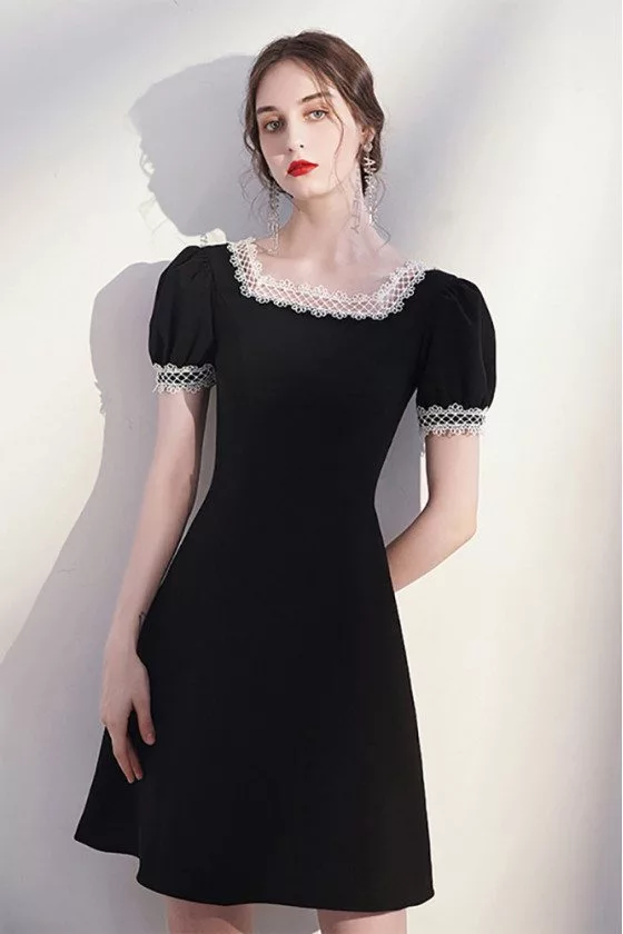 Retro Lace Square Neckline Little Black Dress Aline with Bubble Sleeves ...