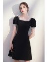 Retro Lace Square Neckline Little Black Dress Aline with Bubble Sleeves - HTX96051