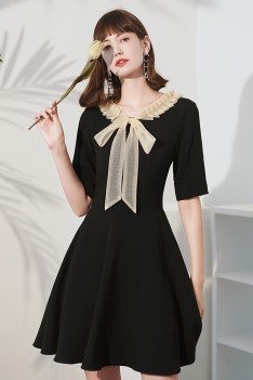 Romantic Black Flare Party Dress with Champagne Bow Knot - HTX96037