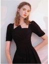 Modest Little Black Dress Short Sleeved with Ruffles - HTX96012