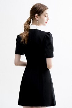 Office Chic Little Black Dress with Sleeves White Collar - HTX96035