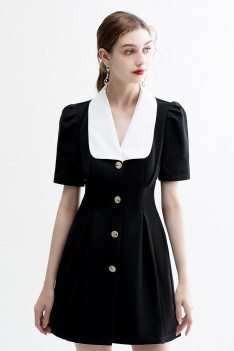 Office Chic Little Black Dress with Sleeves White Collar - HTX96035