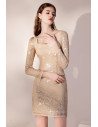 Shinning Gold Sequined Bodycon Party Dress Cross Neckline with Long Sleeves - HTX96027