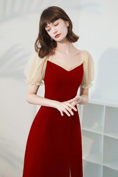 Burgundy Red Slim Wedding Party Dress with Bubble Sleeves - HTX96031