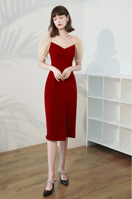 Burgundy Red Slim Wedding Party Dress with Bubble Sleeves - $72.9792 # ...