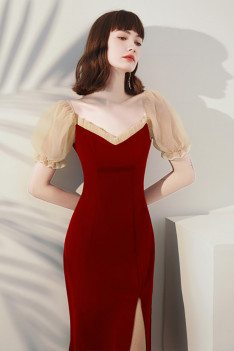 Burgundy Red Slim Wedding Party Dress with Bubble Sleeves - HTX96031