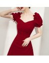 Burgundy Aline Short Semi Party Dress with Bubble Sleeves - HTX96048