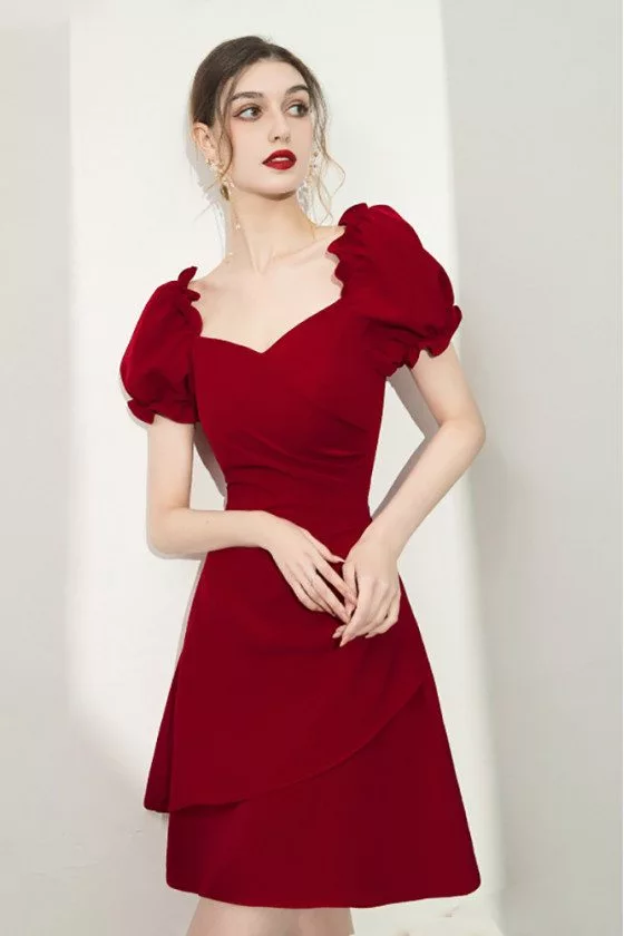 Burgundy Aline Short Semi Party Dress with Bubble Sleeves - $77.9832  #HTX96048 - SheProm.com