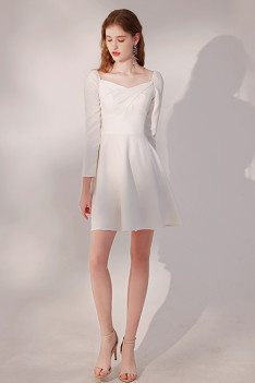 Elegant Little White Party Dress Pleated Square Neckline with Sleeves - HTX96020