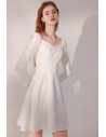 Elegant Little White Party Dress Pleated Square Neckline with Sleeves - HTX96020