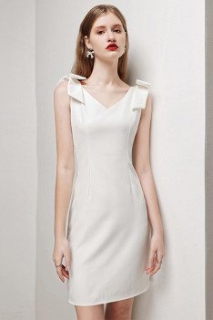 Little White Bow Knot Straps Sheath Cocktail Party Dress Sleeveless - HTX96010
