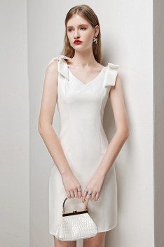Little White Bow Knot Straps Sheath Cocktail Party Dress Sleeveless - HTX96010