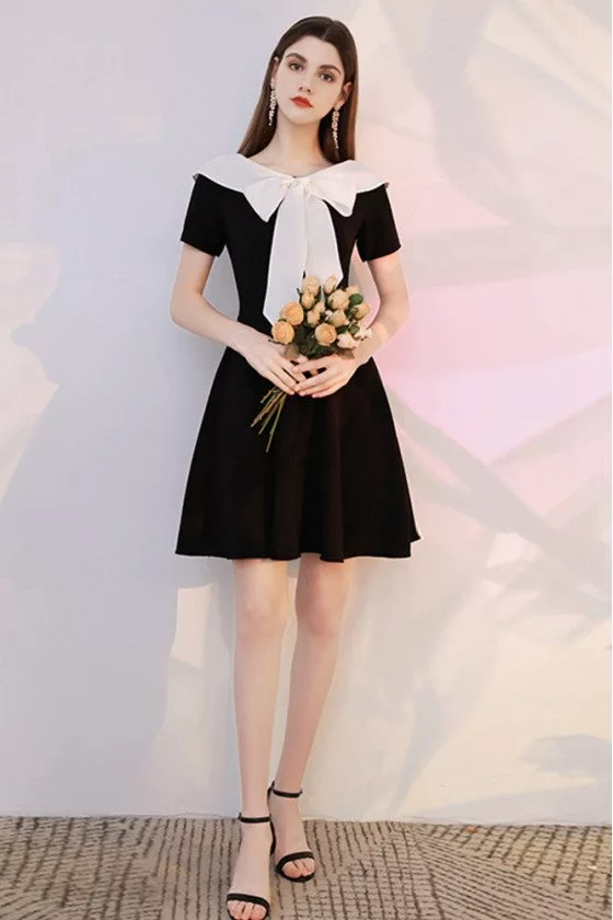 Romantic Bow Knot Black And White Semi Party Dress with Short Sleeves - $72.9792 #HTX96002 - SheProm.com Romantic Bow Knot Black And White Semi Party Dress with Short Sleeves - $72.9792 #HTX96002 - SheProm.com