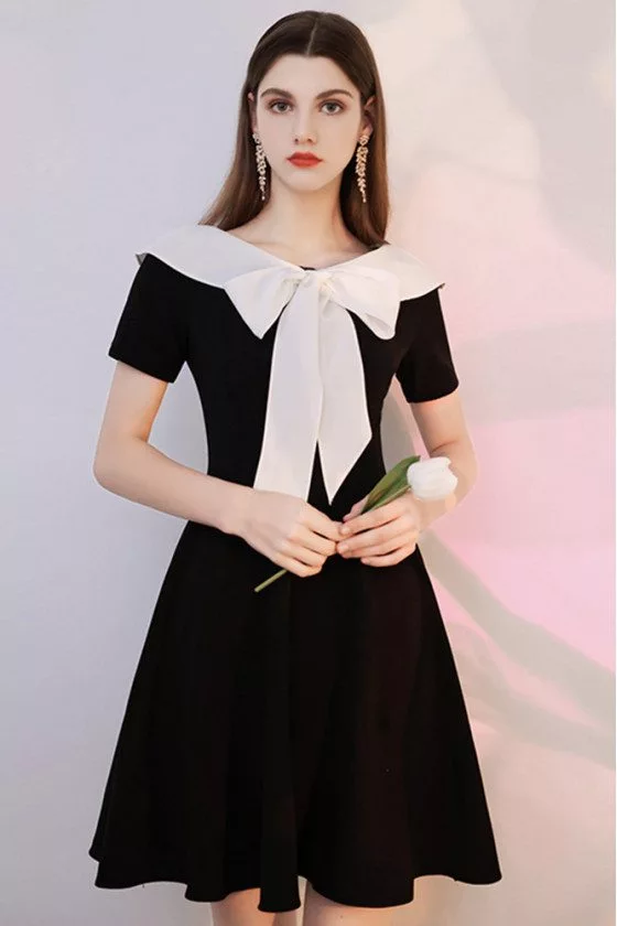 Romantic Bow Knot Black And White Semi Party Dress with Short Sleeves ...