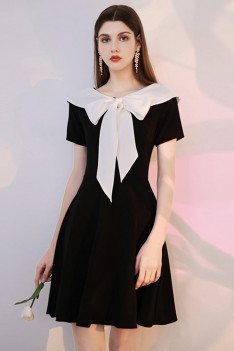 Romantic Bow Knot Black And White Semi Party Dress with Short Sleeves - HTX96002
