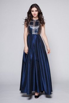 Navy Blue Taffeta Sequins Long Dress