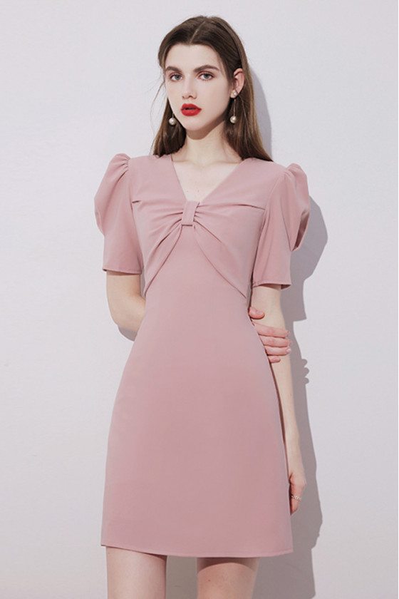 Cute Pink Short Homecoming Party Dress Vneck with Bubble Sleeves - HTX96004
