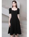 Vintage Chic Knee Length Black Semi Formal Dress with Short Sleeves Square Neckline - HTX96003