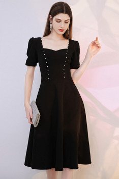 Vintage Chic Knee Length Black Semi Formal Dress with Short Sleeves Square Neckline - HTX96003