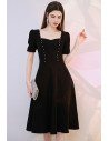 Vintage Chic Knee Length Black Semi Formal Dress with Short Sleeves Square Neckline - HTX96003
