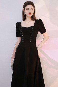 Vintage Chic Knee Length Black Semi Formal Dress with Short Sleeves Square Neckline - HTX96003