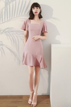 Simple Square Neckline Short Pink Party Dress Fishtail with Ruffles - HTX96039